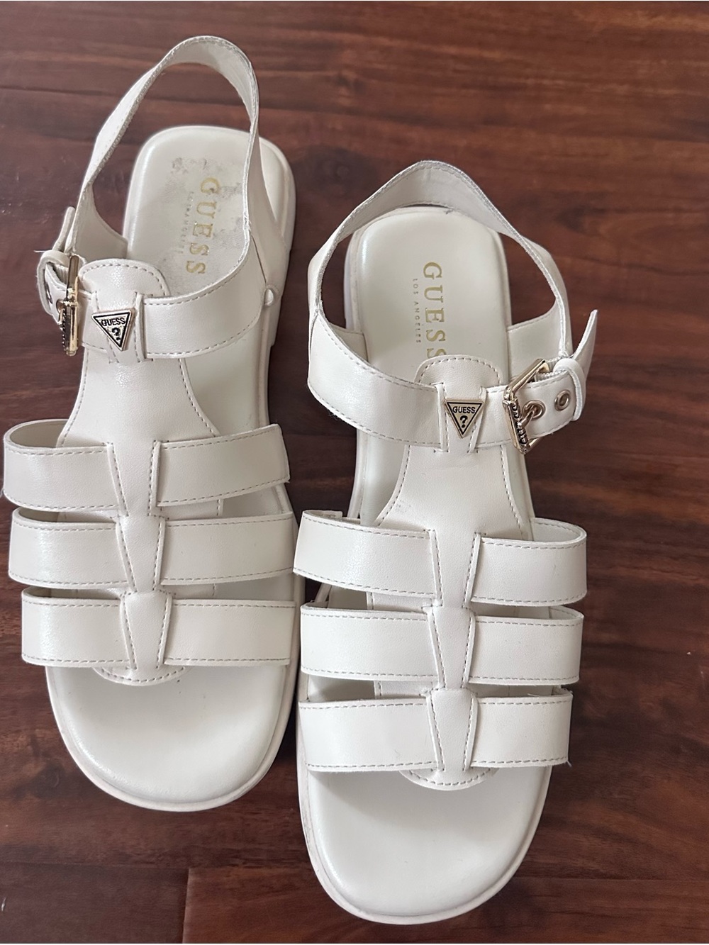 GUESS Cream Leather Multi-Strap Sandals with Gold Accents